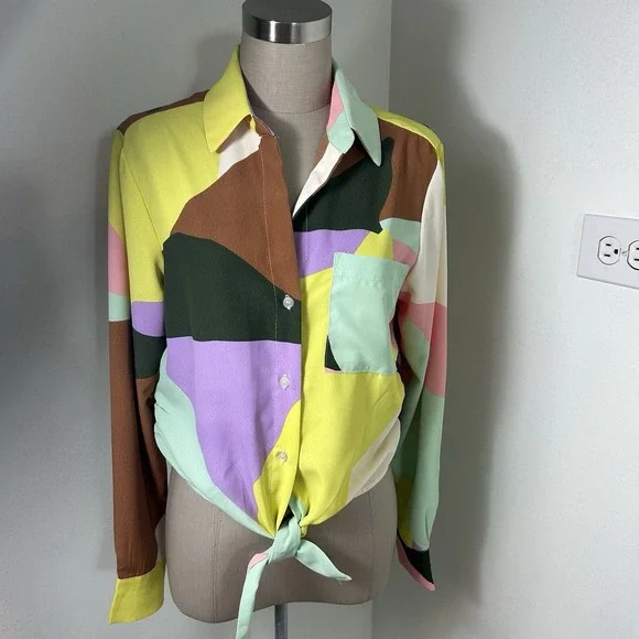 Anthropologie Sanctuary Girlfriend Artist Field Colorblock Tie Shirt Boho XS - Picture 3 of 11